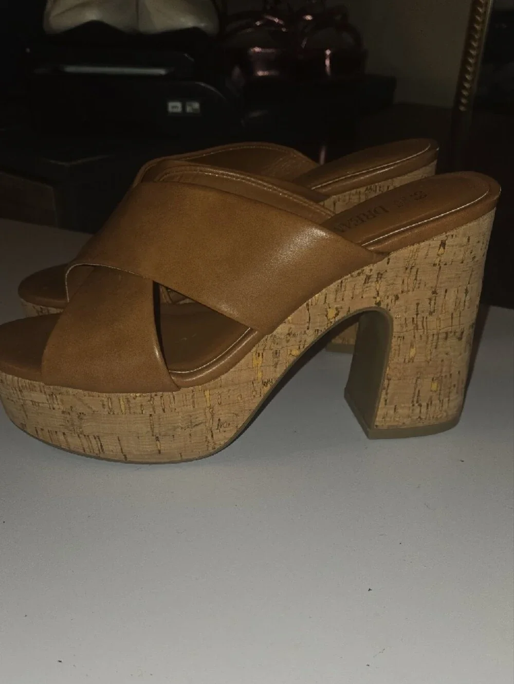 Dream Pairs Tan Cork Crisscross Platform Slide Heels